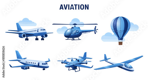 Six blue and white aircraft including airplanes a helicopter a hot air balloon a drone and a glider
