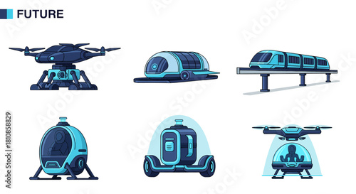 Six illustrations of futuristic transportation vehicles in blue and dark blue tones