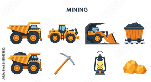 Vector icons illustrating mining equipment tools and resources on a white background