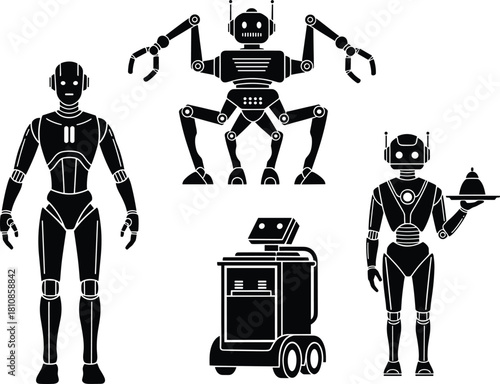 Robot silhouettes vector set with humanoid robot waiter and industrial bot