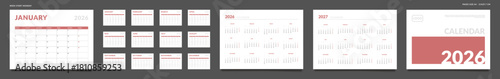2026 Calendar Planner Set of Template grid Monthly Page, Cover with Place for Photo, Company Logo, Annual 2026, 2027. Vector layout of wall or desk organizer ready print. Week start Monday. Pages A4