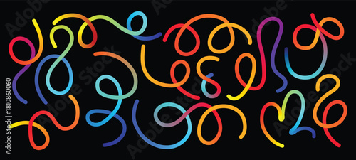 Colorful gradient organic line elements collection - flowing curved shapes in vibrant rainbow. Rainbow wavy ribbons made of organic materials