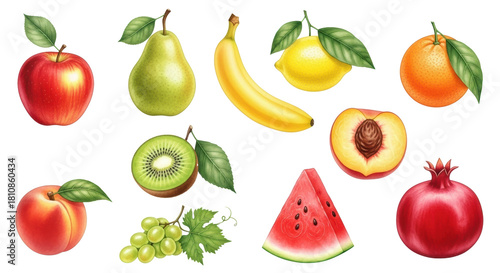 Meticulously detailed watercolor of diverse fresh, ripe fruits (apple, banana, kiwi, grapes), isolated on transparent background with copy space. Concept of natural bounty and healthy eating