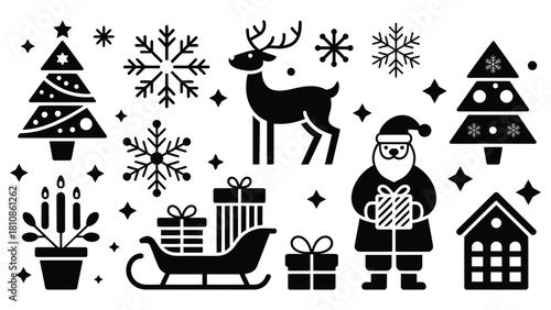 Collection of festive black Christmas icons including Santa, reindeer, sleigh, snowflakes, gift boxes, trees, house, and holiday decorations, perfect for winter graphics, cards, labels, and seasonal d