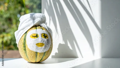 Fototapeta Melon skincare spa treatment with face mask and towel for wellness concept photo