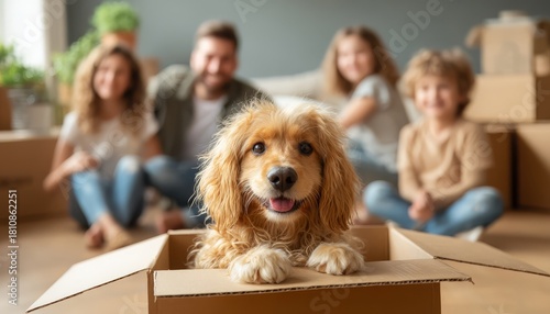 Embracing a fresh start: Family and pet comfortably settled in.