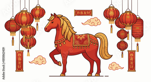 Horse With Lanterns
Flat vector horse standing proudly surrounded by hanging red lanterns, clean outlines, simple gradients, festive holiday mood, isolated element.