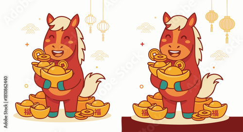 Horse With Gold Ingots
Cute flat-style horse holding or surrounded by gold ingots, friendly expression, bright festive colors, clean and minimal holiday composition.