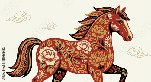 Floral Lunar Horse
Flat vector illustration of a horse with decorative floral patterns on its body, inspired by folk art, red-and-gold New Year palette.