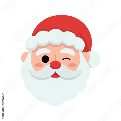 Cute festive Santa Claus face illustration with a cheerful winking expression, fluffy white beard, red hat, and bright holiday colors, perfect for Christmas cards, kids graphics, and seasonal designs.