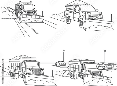 Snowplow truck line art vector set with pickup plow and winter road clearing