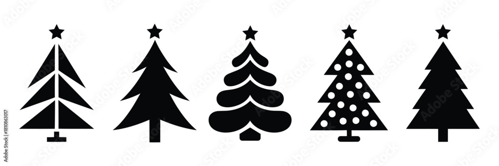 Obraz premium Set of minimalist black silhouette Christmas tree icons featuring various festive shapes and decorative styles, perfect for holiday cards, seasonal branding, winter graphics, and modern design project