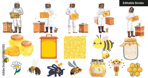"Cute Beekeeper & Honey Bee Clipart Set – Honeycomb, Hive & Apiculture Editable Stroke Collection"