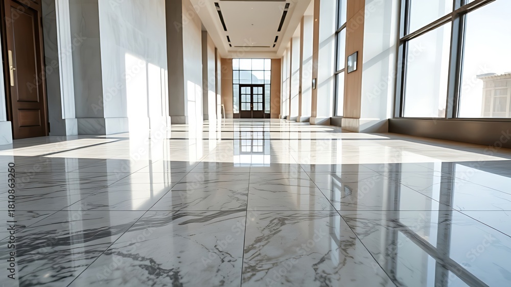 Obraz premium A polished marble floor reflecting window light at the end of a corridor. 