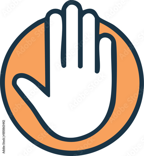 Outline icon of a human hand palm inside an orange circle. A universal symbol for stop, wait, high five, or a conceptual warning sign