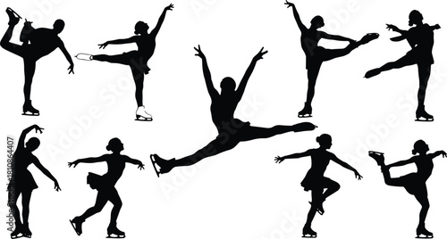 Female Skaters in Dynamic Jumps, Spins, and Elegant Poses for Winter Sports and Ice Rink Graphics