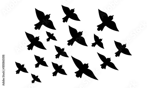Set of minimalist flying bird icons with transparent background, depicting a flock in motion, freedom and nature themes, migration and journey concepts, vector illustration