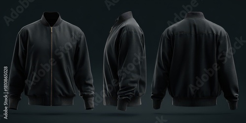Stylish photo of dark bomber jacket template, multiple angles for design presentation