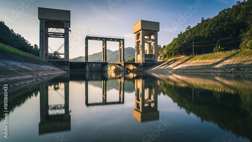 Large concrete dam structure with floodgates reflecting in calm water under a clear sky, surrounded by green hills and dry banks.