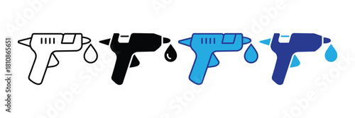 Set of four icons representing glue guns with dripping hot melt adhesive, displayed in outline, solid black, and two shades of blue for versatile design applications.
