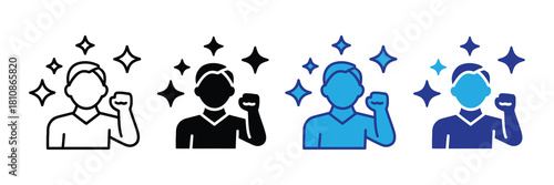 Illustration of a person with a clenched fist and sparkling stars, representing achievement, success, determination, and motivation in various styles.