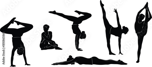 Female Athletes in Handstand, Split, and Stretched Poses for Fitness and Balance Design