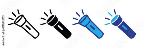 Set of four flashlight icons in outline, solid black, blue, and dark blue styles, emitting light rays, perfect for search and rescue or exploration themes.