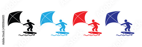Iconic representation of kitesurfing in multiple vibrant colors: black, blue, red, and navy, set against a clean white background for versatile use.