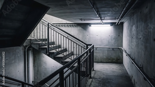 Dark and stark concrete stairwell with metal railings leading down into a dimly lit basement hallway.