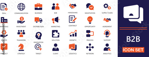 Minimal B2B icon set featuring partnerships, workflow, strategy, services, communication, and business cooperation elements.