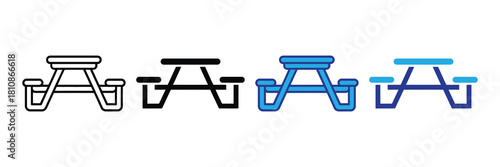 Collection of picnic table icons, isolated on white background: outline, solid black, and blue line art styles for versatile design applications