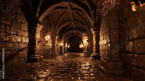 Stone dungeon corridor lit by torches.