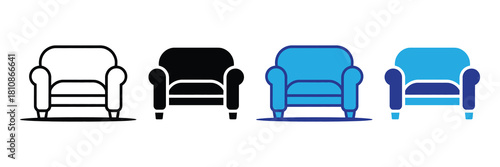 Four stylized armchair icons presented side by side: outline, solid black, bright blue, and dark blue with light blue accents, representing furniture design concepts.