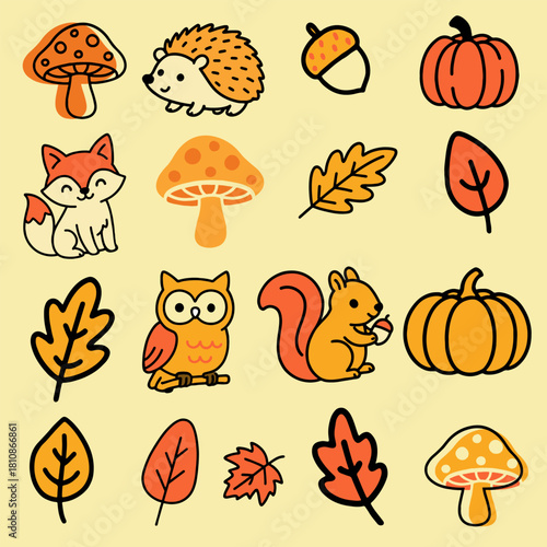 Vibrant autumn doodle set with cute woodland animals like a fox and squirrel, alongside pumpkins, mushrooms, and colorful fall leaves