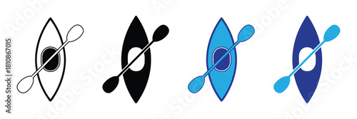 Set of four stylized canoe and paddle icons: outline, solid black, blue and dark blue, representing water sports and outdoor recreation vector illustrations.