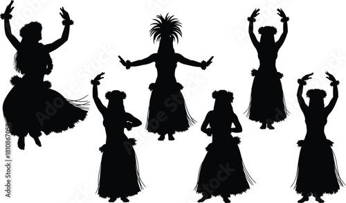 Hula dance silhouette, traditional movement, cultural dancer, black vector illustration, Hawaiian performance, graceful posture, feathered costume, island rhythm, heritage art