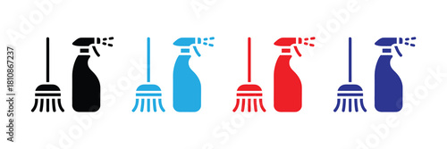 Set of cleaning icons including spray bottles and brooms in black, blue, red, and purple, symbolizing household chores and hygiene practices