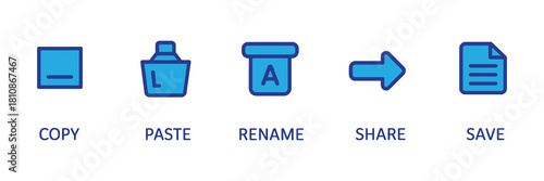 Collection of blue icons representing file operations: copy, paste, rename, share, and save. isolated graphic.