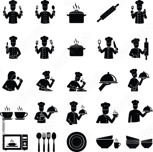 Chef and kitchen silhouette icons vector set with cooking and serving poses