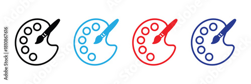 Set of four artistic paint palettes with brushes in different outline colors: black, blue, red, and dark blue, symbolizing creativity and art creation.