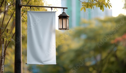Fototapeta Naklejka Na Ścianę i Meble -  Stylish photo of blank white banner on lamppost with vintage lantern in park setting