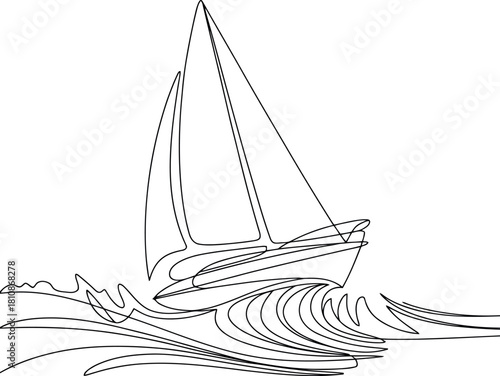 Single line drawing of a sailboat on wavy water sailing