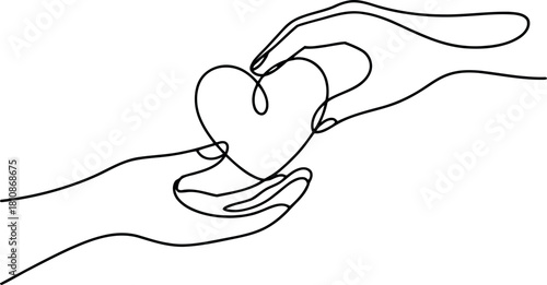 Two hands holding a heart shape drawn with a single continuous line love care