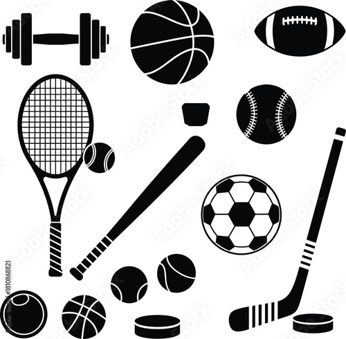 Sports equipment silhouettes vector set with racket barbell bat and balls