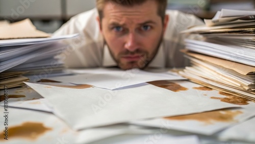 A stressed man examines messy papers covered in stains, representing overwhelming workload or disorganization in an office environment.