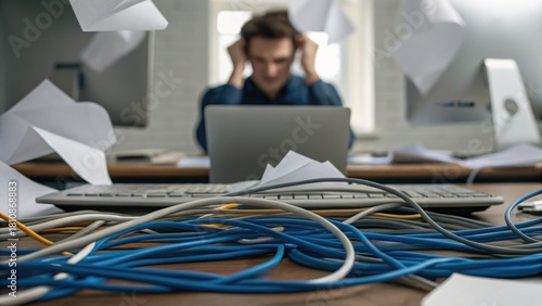 A frustrated person is overwhelmed by paperwork and tangled cables while working on a laptop in a cluttered office environment.