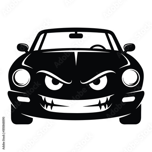 Menacing cartoon car with scary grin and sharp teeth makes a bold automotive statement for edgy designs and unique transportation themes