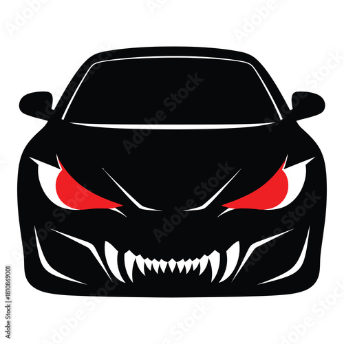 Terrifying car with menacing red eyes and sharp teeth, perfect for Halloween or horror themed projects that need a scary vehicular monster