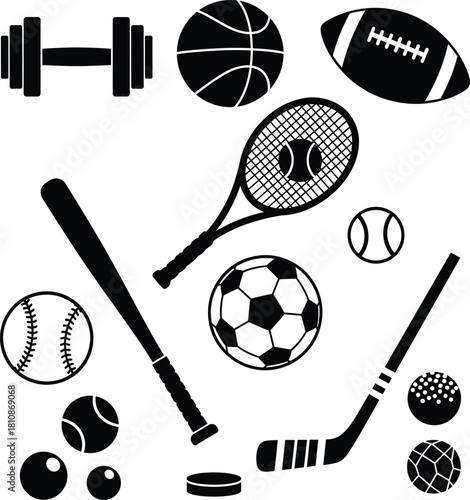 Sports equipment silhouettes vector set with balls racket bat and barbell
