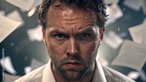 Intense man sweating amidst flying papers, conveying stress and urgency in a chaotic environment.